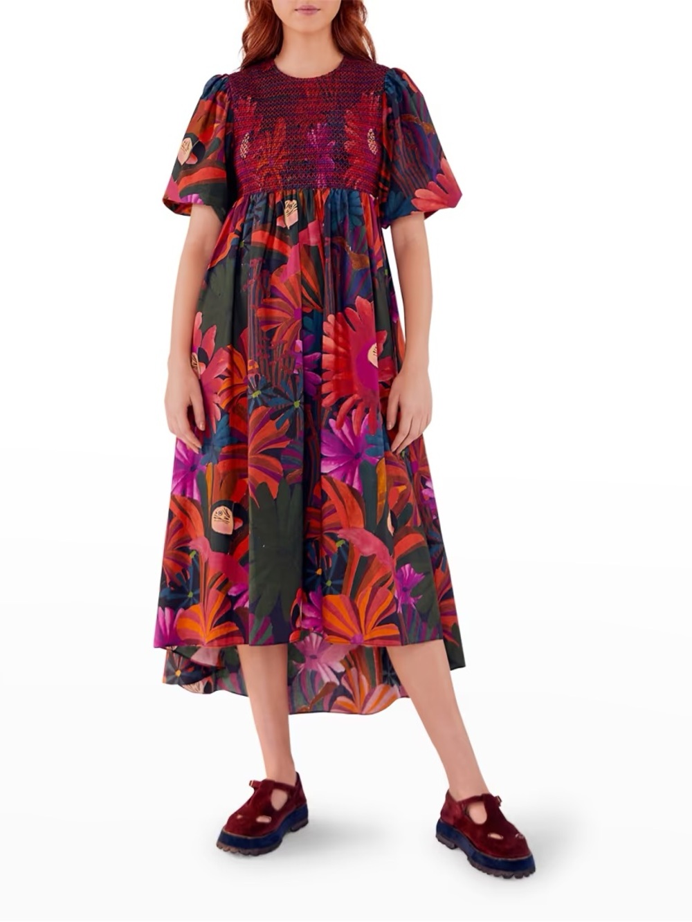 Farm Rio Bird Flowers Smocked Midi Dress